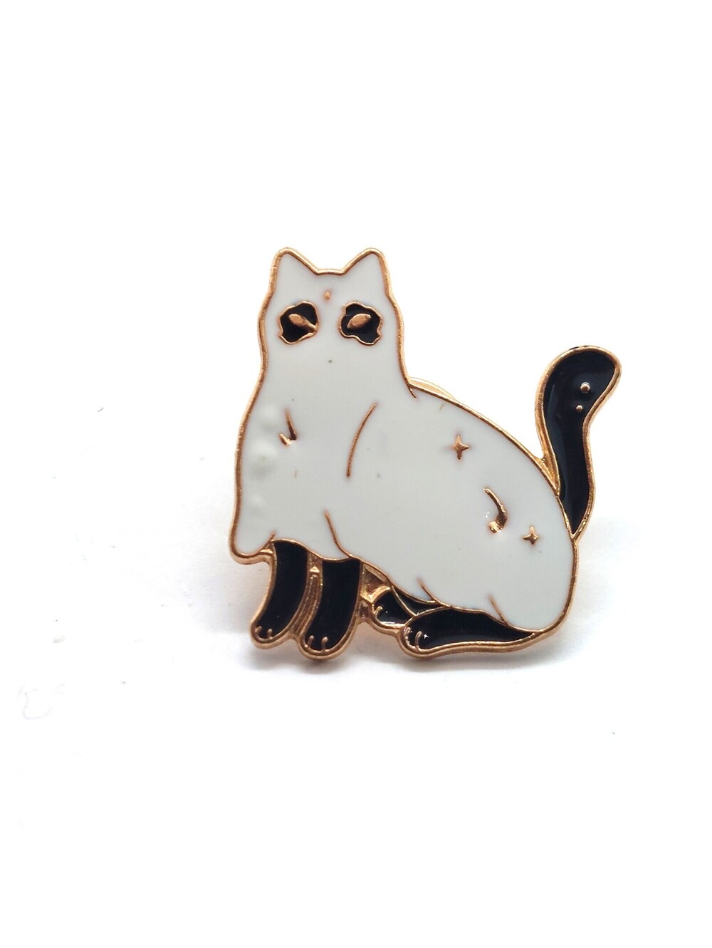 White Cat Enamel Pin Black Markings Feline Kitty Pet Animal Lapel Stars